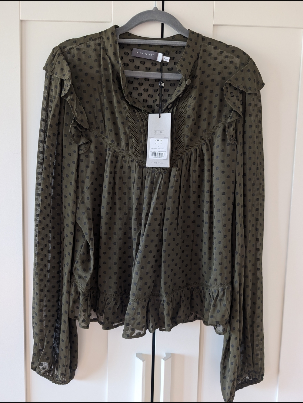 Mint Velvet Olive Green Dotted Ruffle Blouse